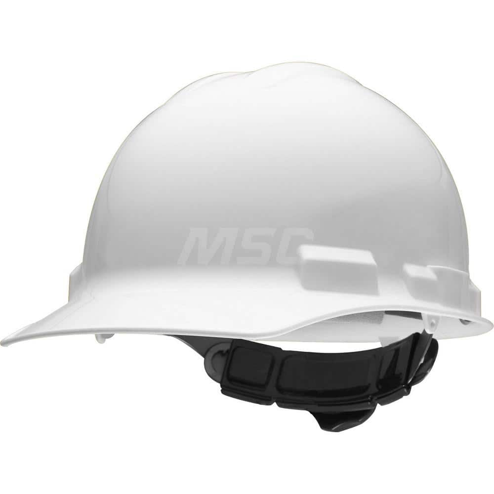Hard Hat: Impact Resistant & Water Resistant, Front Brim, Class E & G, 6-Point Suspension White, HDPE, Slotted