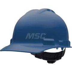 Hard Hat: Impact Resistant & Water Resistant, Front Brim, Class C, 4-Point Suspension Blue, HDPE, Vented, Slotted