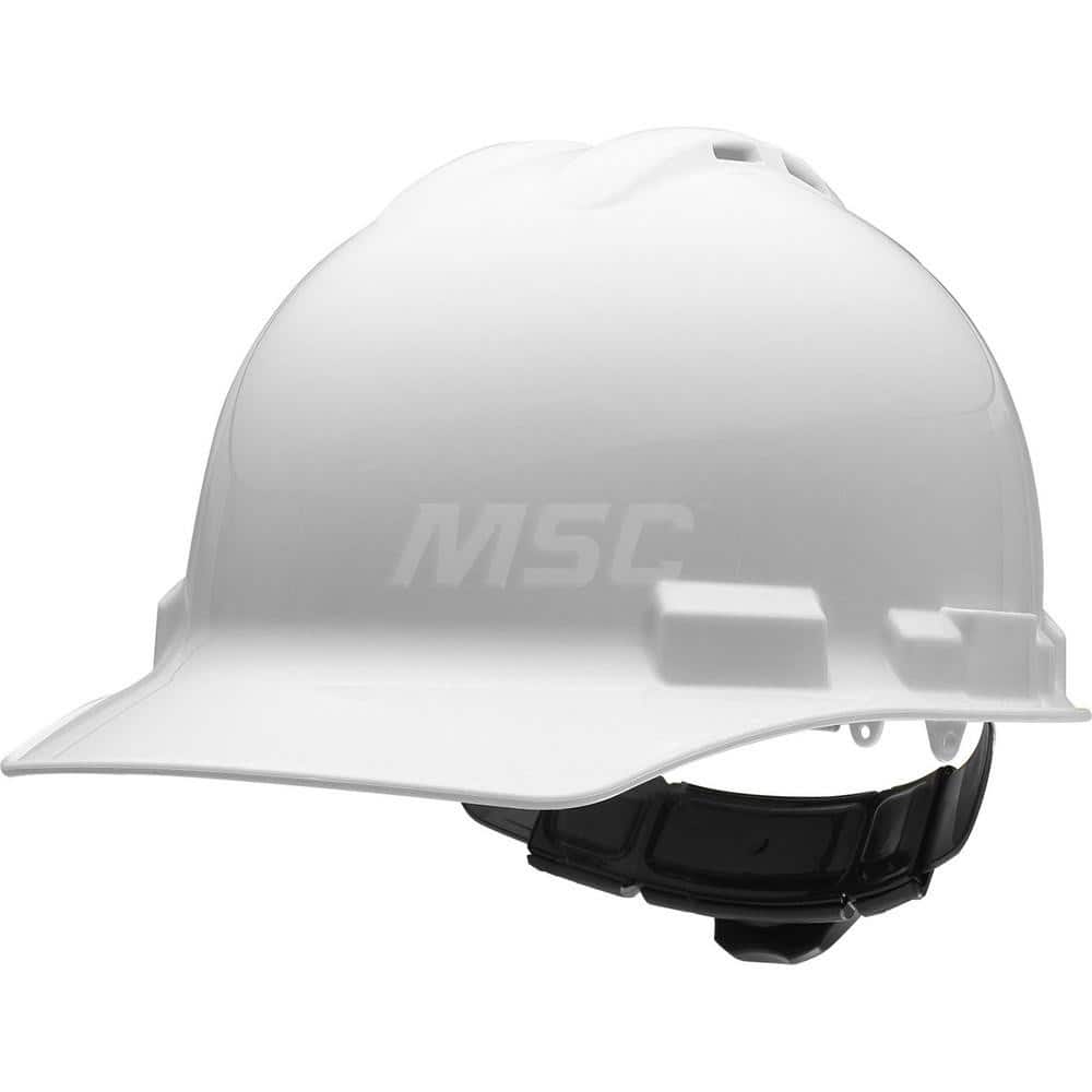 Hard Hat: Impact Resistant & Water Resistant, Front Brim, Class C, 4-Point Suspension White, HDPE, Vented, Slotted