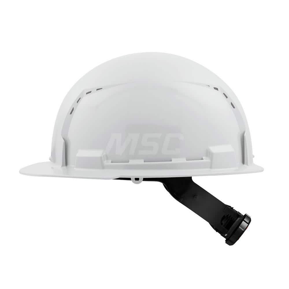 Hard Hat: Construction, Front Brim, Class C, 4-Point Suspension White, HDPE, Vented