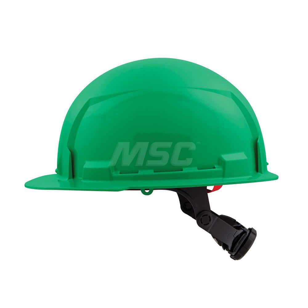 Hard Hat: Construction, Front Brim, Class E, 6-Point Suspension Green, High Density Polyethylene