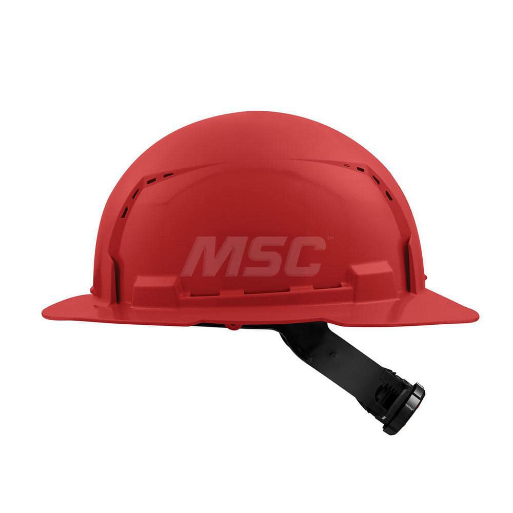 Hard Hat: Construction, Full Brim, Class C, 4-Point Suspension Red, High Density Polyethylene, Vented