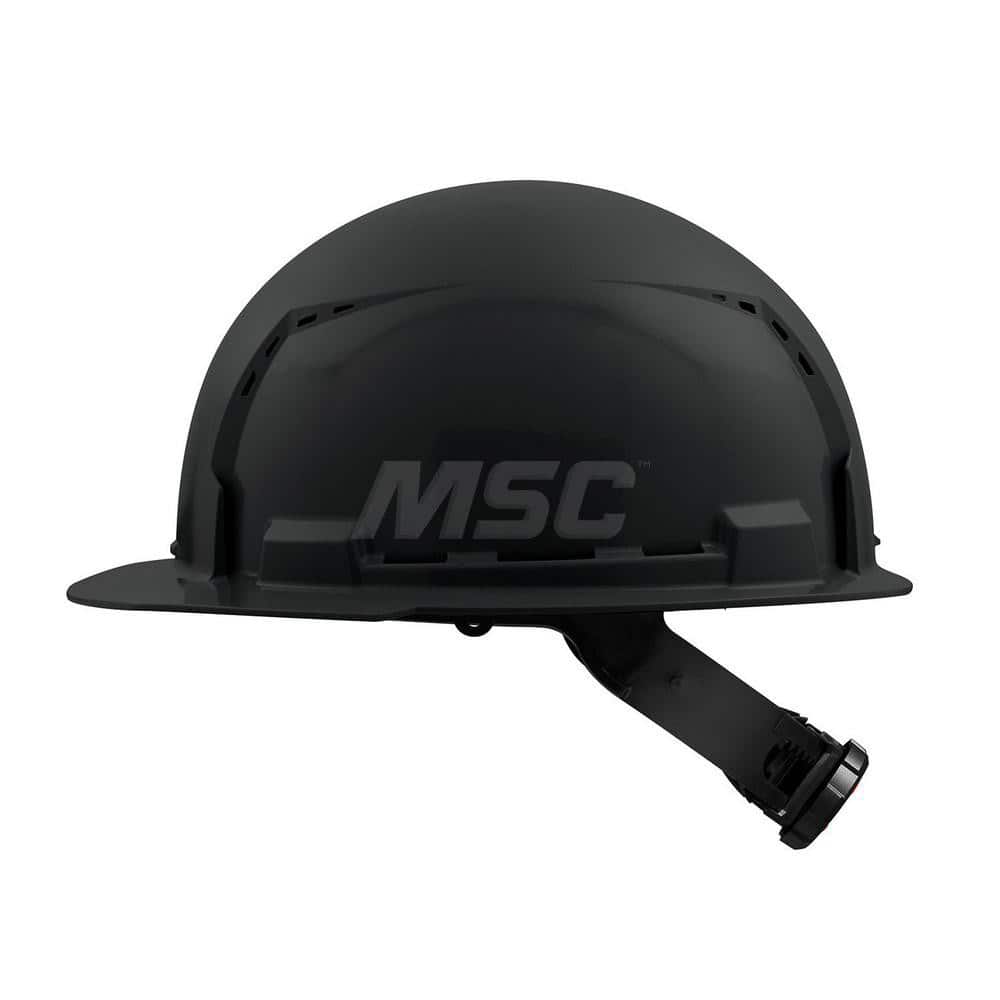 Hard Hat: Construction, Front Brim, Class C, 4-Point Suspension Black, HDPE, Vented