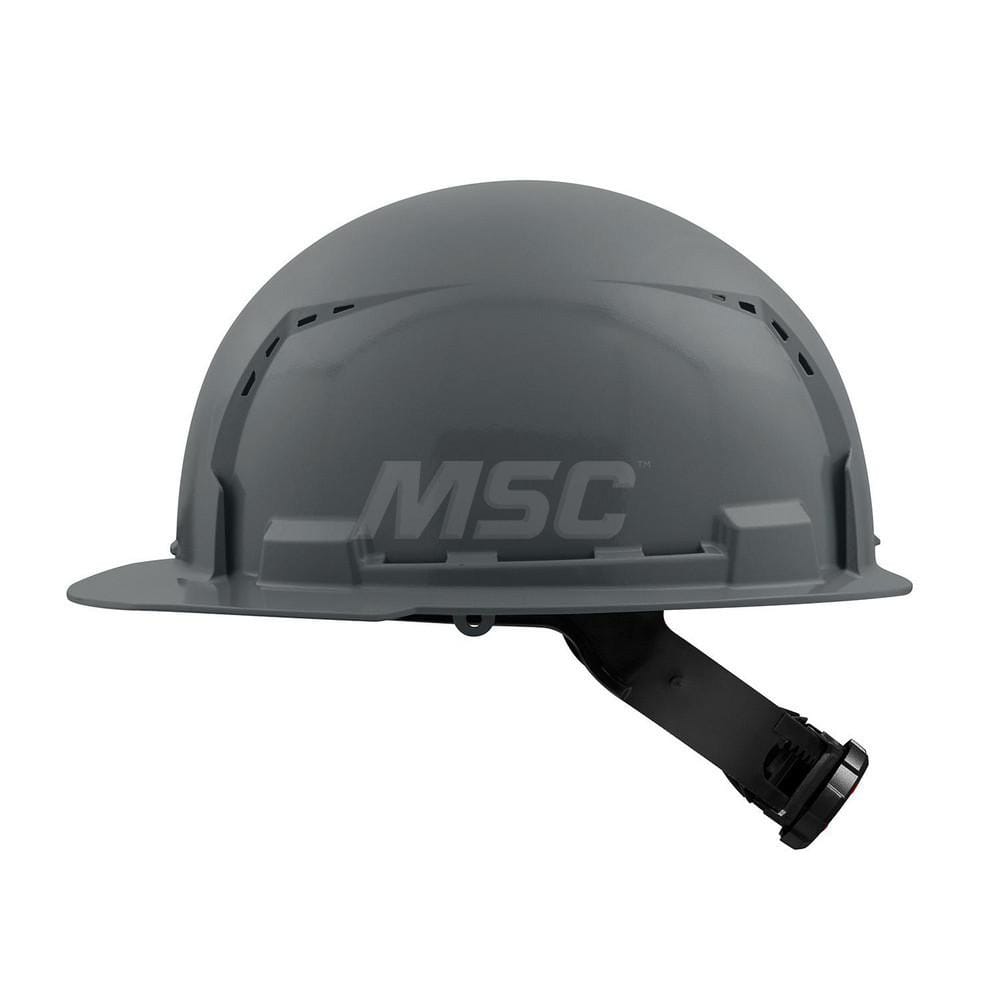 Hard Hat: Construction, Front Brim, Class C, 4-Point Suspension Gray, HDPE, Vented