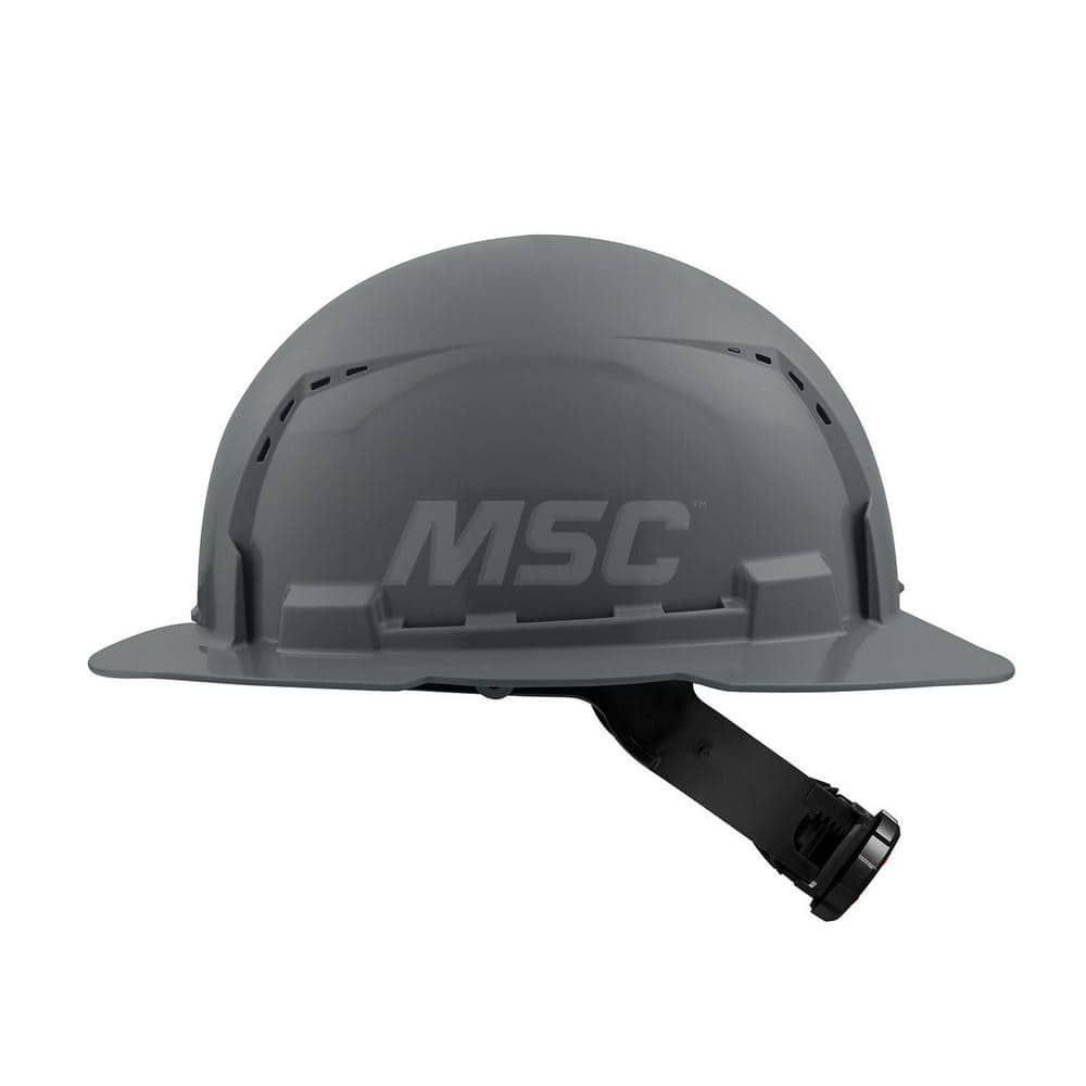 Hard Hat: Construction, Full Brim, Class C, 4-Point Suspension Gray, HDPE, Vented