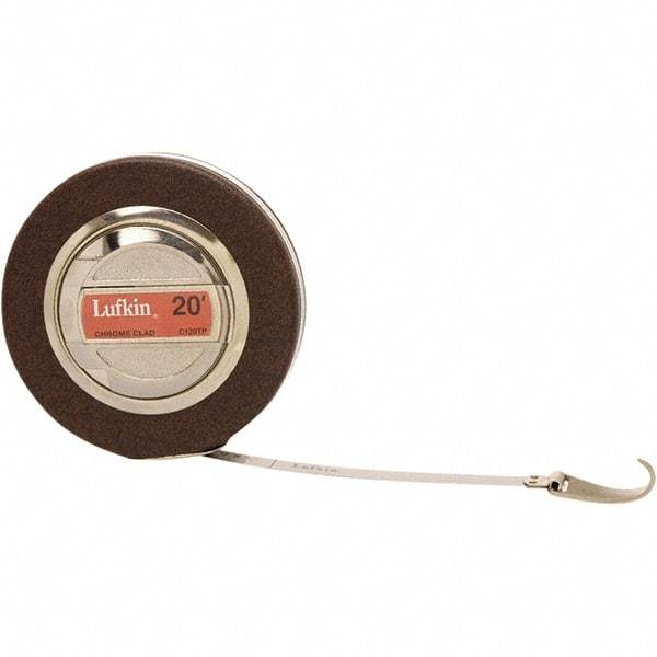 Lufkin - 20' x 10mm Silver Steel Blade Tape Measure - 1" Graduation, Metric Graduation Style, Brown Vinyl Clad Steel Case - Exact Industrial Supply