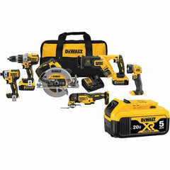 DeWALT - 20 Volt Cordless Tool Combination Kit - Includes 1/2" Brushless Hammerdrill, 1/4" Brushless Impact Driver, Brushless Reciprocating Saw, 7-1/2" Brushless Circular Saw, Oscillating Tool & LED Worklight, Lithium-Ion Battery Included - Exact Industrial Supply