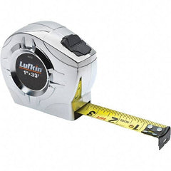 Lufkin - 33' x 1" Yellow Steel Blade Tape Measure - 1/16" & 1/10 & 1/100' Graduation, Inch Graduation Style, Chrome ABS Plastic Case - Exact Industrial Supply