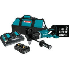 Makita - 36 Volt 1/2" Chuck Right Angle Handle Cordless Drill - 0-1400 RPM, Reversible, 2 Lithium-Ion Batteries Included - Exact Industrial Supply