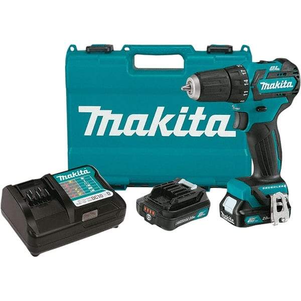 Makita - 12 Volt 3/8" Chuck Pistol Grip Handle Cordless Drill - 0-1500 RPM, Keyless Chuck, Reversible, 2 Lithium-Ion Batteries Included - Exact Industrial Supply