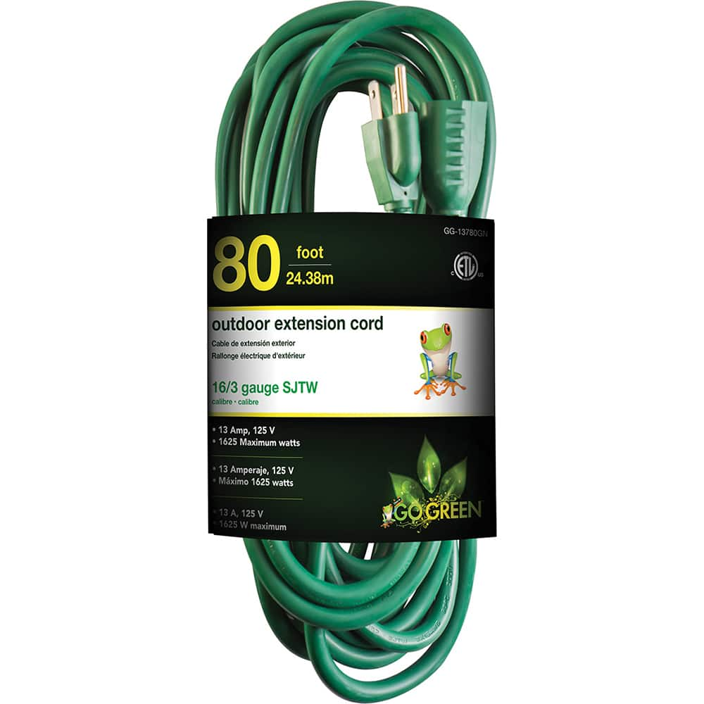 GoGreen Power - Power Cords; Cord Type: Extension Cord ; Overall Length (Feet): 80 ; Cord Color: Green ; Amperage: 13 ; Voltage: 125 ; Wire Gauge/Number of Conductors: 16/3 - Exact Industrial Supply