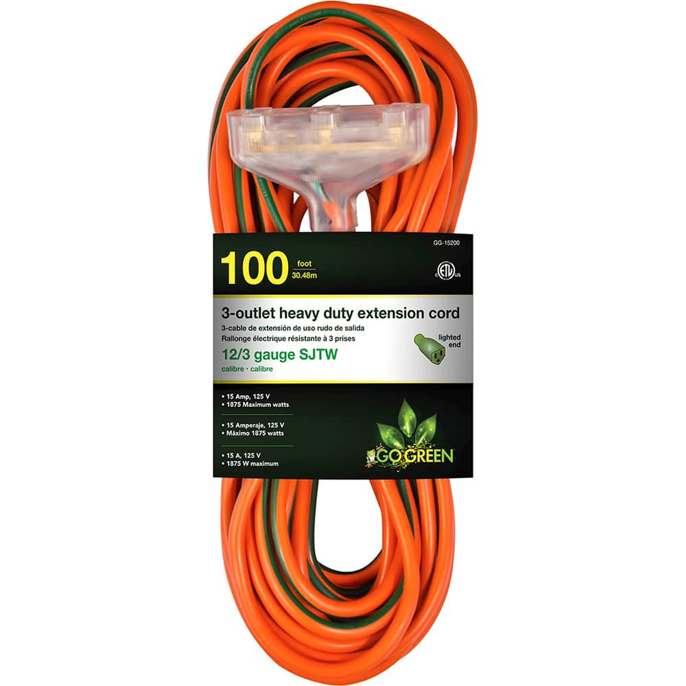 GoGreen Power - Power Cords; Cord Type: Extension Cord ; Overall Length (Feet): 100 ; Cord Color: Orange ; Amperage: 15 ; Voltage: 125 ; Wire Gauge/Number of Conductors: 12/3 - Exact Industrial Supply