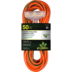 GoGreen Power - Power Cords; Cord Type: Extension Cord ; Overall Length (Feet): 50 ; Cord Color: Orange ; Amperage: 15 ; Voltage: 125 ; Wire Gauge/Number of Conductors: 14/3 - Exact Industrial Supply