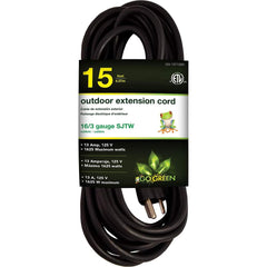 GoGreen Power - Power Cords; Cord Type: Extension Cord ; Overall Length (Feet): 15 ; Cord Color: Black ; Amperage: 13 ; Voltage: 125 ; Wire Gauge/Number of Conductors: 16/3 - Exact Industrial Supply