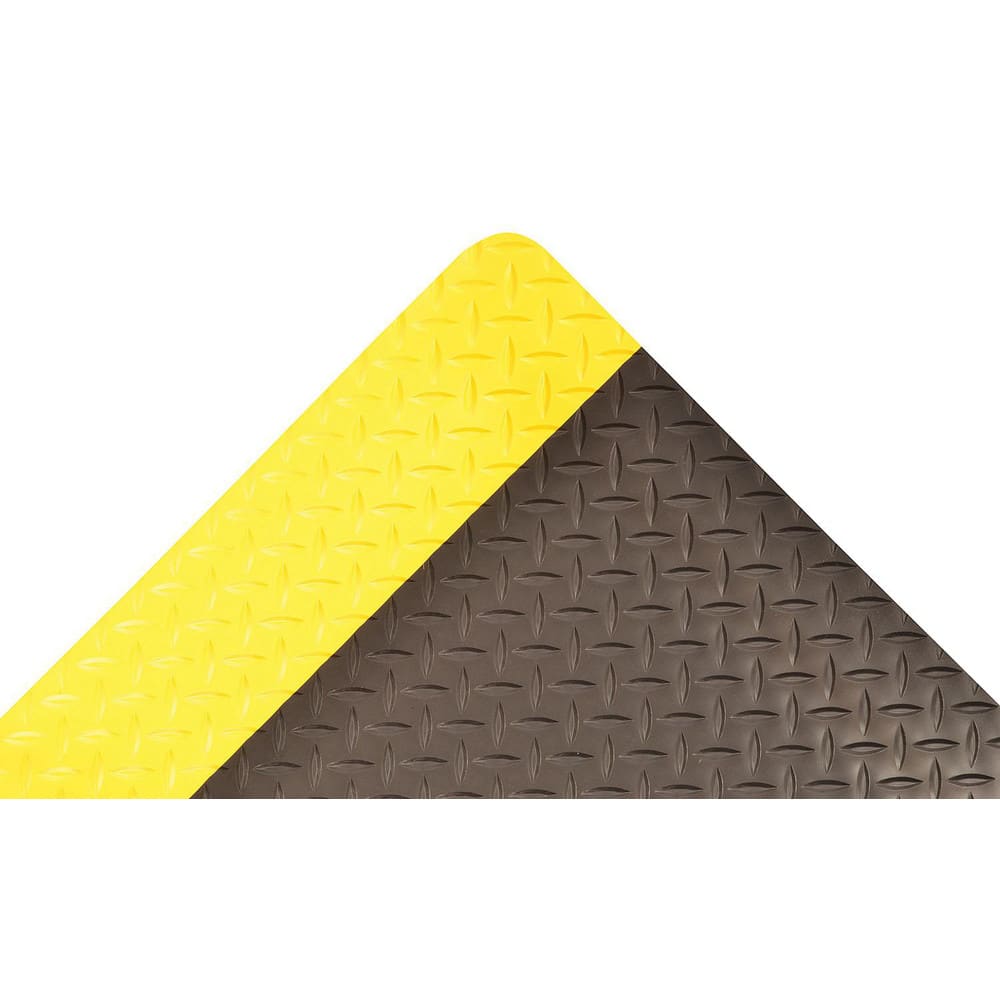 Anti-Fatigue Mat:  36.0000″ Length,  24.0000″ Wide,  9/16″ Thick,  Nitrile Rubber,  Beveled Edge,  Heavy Duty Diamond Plates,  Black & Yellow,  Dry