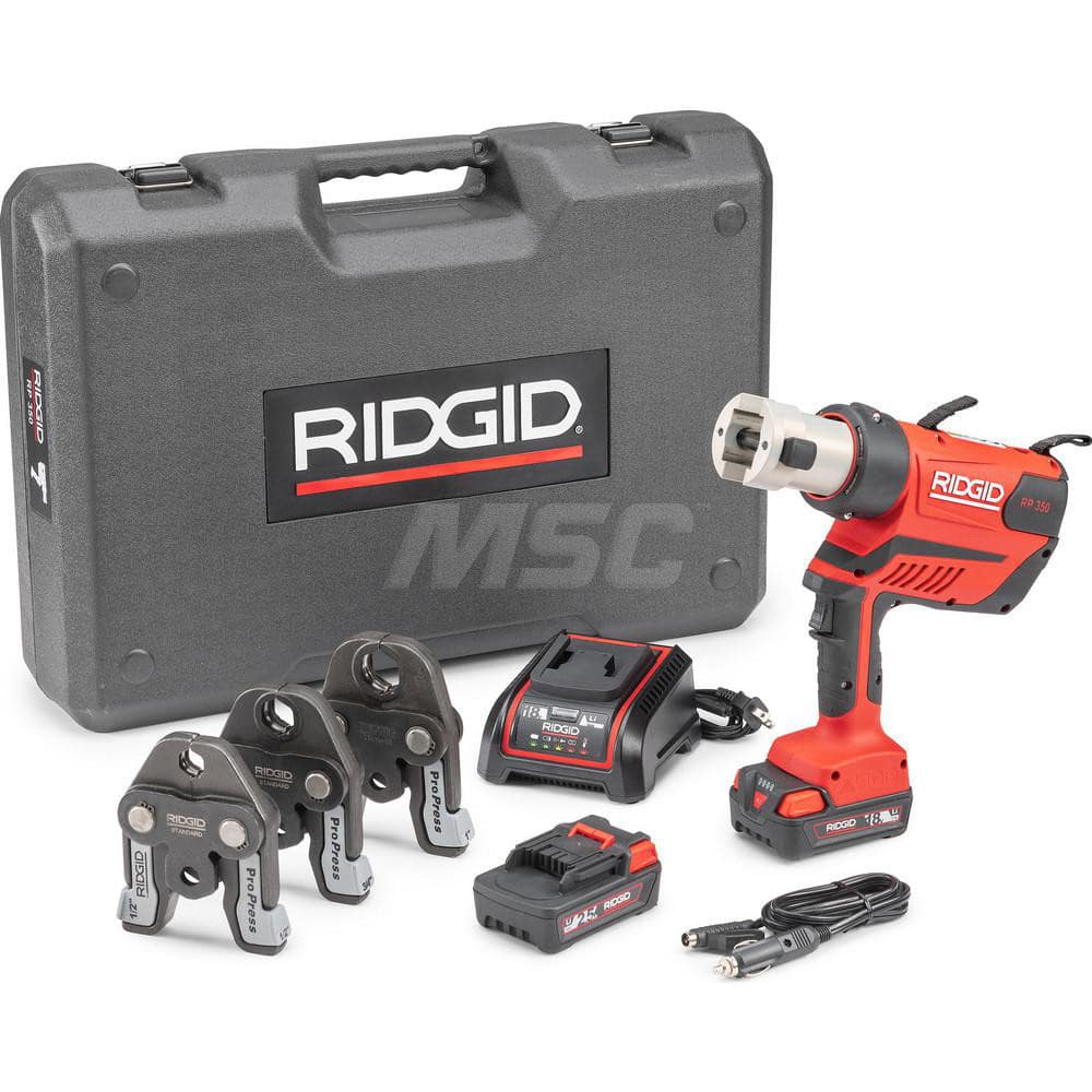 Ridgid - Benders, Crimpers & Pressers; Type: Presser ; Maximum Pipe Capacity (Inch): 4 ; Minimum Pipe Capacity: 1/2 (Inch); Overall Length (Inch): 11 ; Includes: RP 350 Press Tool; (2) 18V 2.5Ah Lion Batteries; 18V Charger; Carrying Case; 1/2" to 1" ProP - Exact Industrial Supply