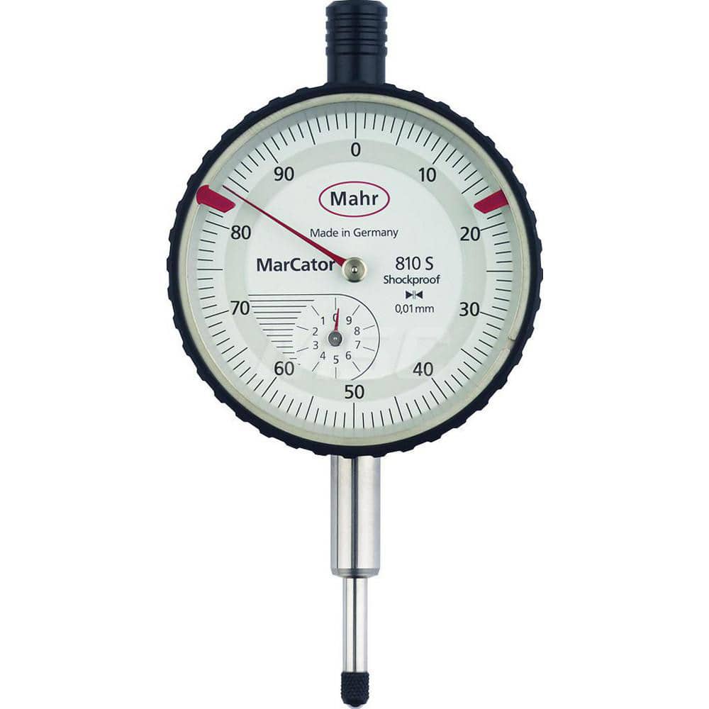 Mahr - Dial Drop Indicators; Maximum Measurement (Inch): 0.4 ; Maximum Measurement (mm): 10 ; Dial Graduation (mm): 0.0100 ; Dial Graduation (Decimal Inch): 0.000400 ; Dial Reading: 0-100 ; Dial Diameter (mm): 50.00 - Exact Industrial Supply