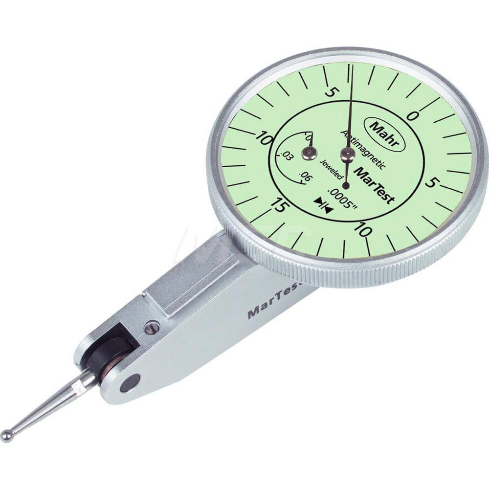 Mahr - Dial Test Indicators; Maximum Measurement (Decimal Inch): 0.0300 ; Maximum Measurement (mm): 0.80 ; Dial Graduation (Decimal Inch): 0.000500 ; Dial Graduation (mm): 0.0127 ; Dial Reading: 15-0-15 ; Dial Diameter (Inch): 1.5 - Exact Industrial Supply
