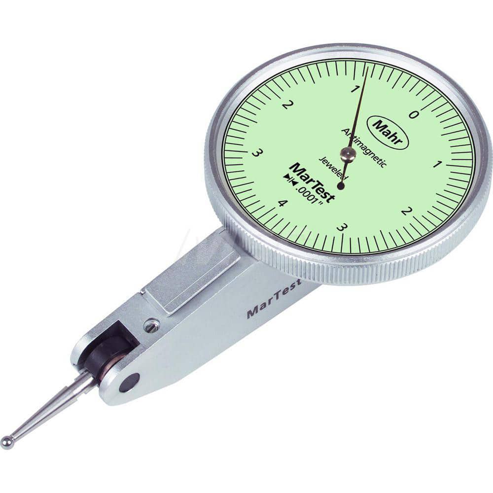 Mahr - Dial Test Indicators; Maximum Measurement (Decimal Inch): 0.0040 ; Maximum Measurement (mm): 0.10 ; Dial Graduation (Decimal Inch): 0.000100 ; Dial Graduation (mm): 0.0025 ; Dial Reading: 4-0-4 ; Dial Diameter (Inch): 1.5 - Exact Industrial Supply