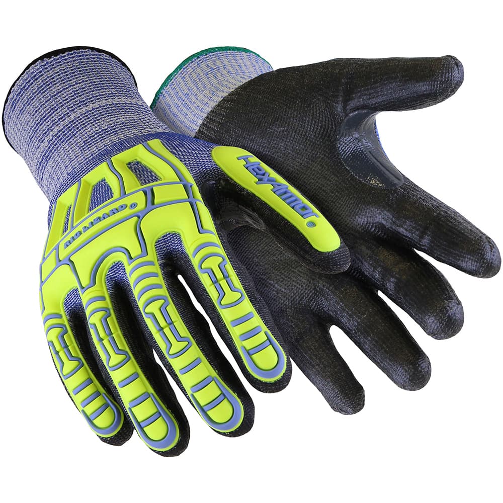 Cut & Puncture-Resistant Gloves: Size L, ANSI Cut A6, ANSI Puncture 5, Polyurethane, Fiberglass Blend, HPPE & Steel Black & Lime, Palm & Fingers Coated, HPPE Back