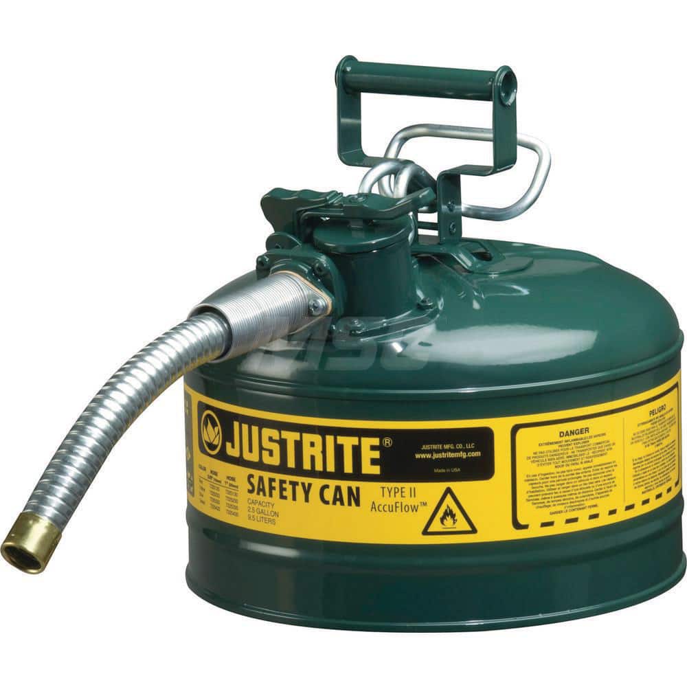 Justrite - Safety Dispensing Cans; Capacity: 2.5 Gal ; Material: Steel ; Color: Green ; Height (Decimal Inch): 12.000000 ; Diameter/Length (mm): 11.75 ; Approval Listing/Regulations: FM Approved; UL; ULC; TUV - Exact Industrial Supply