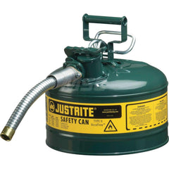 Justrite - Safety Dispensing Cans; Capacity: 2.5 Gal ; Material: Steel ; Color: Green ; Height (Decimal Inch): 12.000000 ; Diameter/Length (mm): 11.75 ; Approval Listing/Regulations: FM Approved; UL; ULC; TUV - Exact Industrial Supply