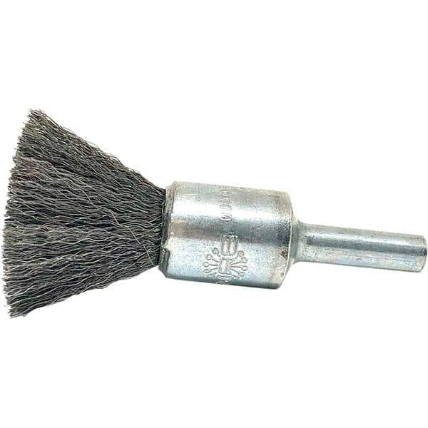 Brush Research Mfg. - 1/2" Brush Diam, Crimped, End Brush - 1/4" Diam Steel Shank, 20,000 Max RPM - Exact Industrial Supply