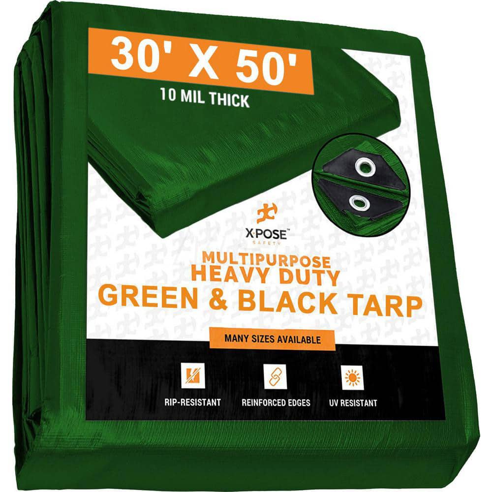 Tarp/Dust Cover: Black & Green, Rectangle, Polyethylene, 50' Long x 30' Wide, 10 mil Polyethylene, Rectangle