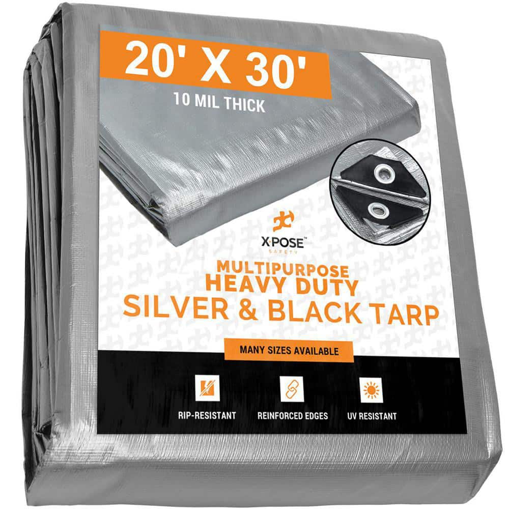 Tarp/Dust Cover: Silver & Black, Rectangle, Polyethylene, 30' Long x 20' Wide, 10 mil Polyethylene, Rectangle