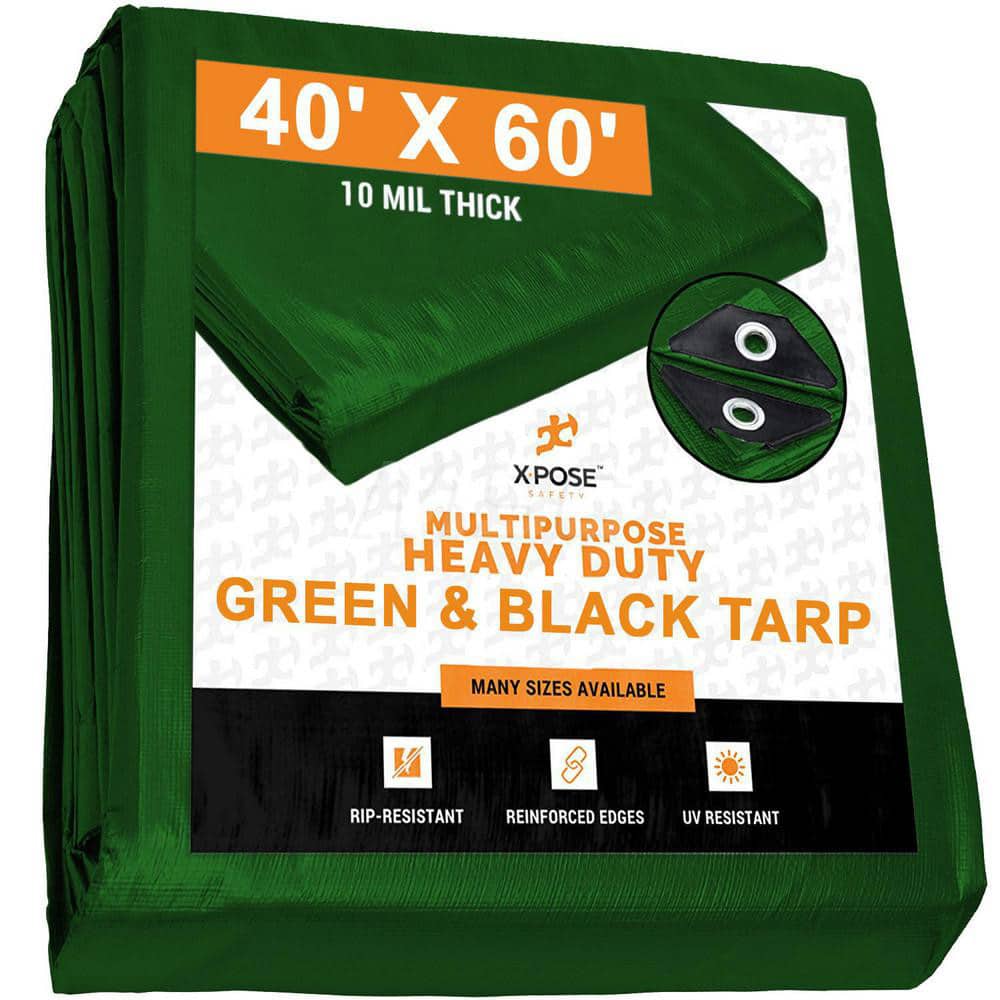 Tarp/Dust Cover: Black & Green, Rectangle, Polyethylene, 60' Long x 40' Wide, 10 mil Polyethylene, Rectangle