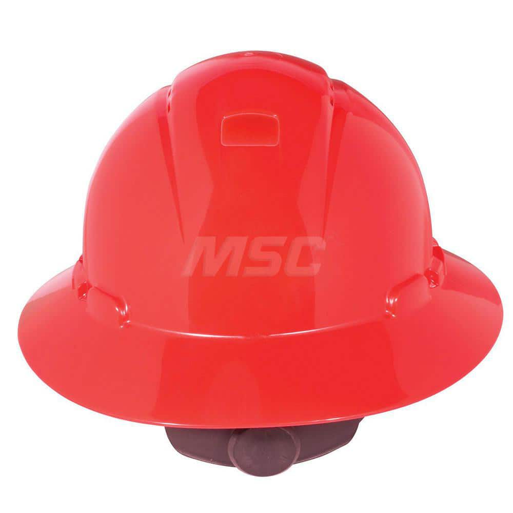 Hard Hat: Construction, High Visibility & Impact Resistant, Full Brim, Type 1, Class C, 4-Point Suspension Red, High Density Polyethylene, Vented