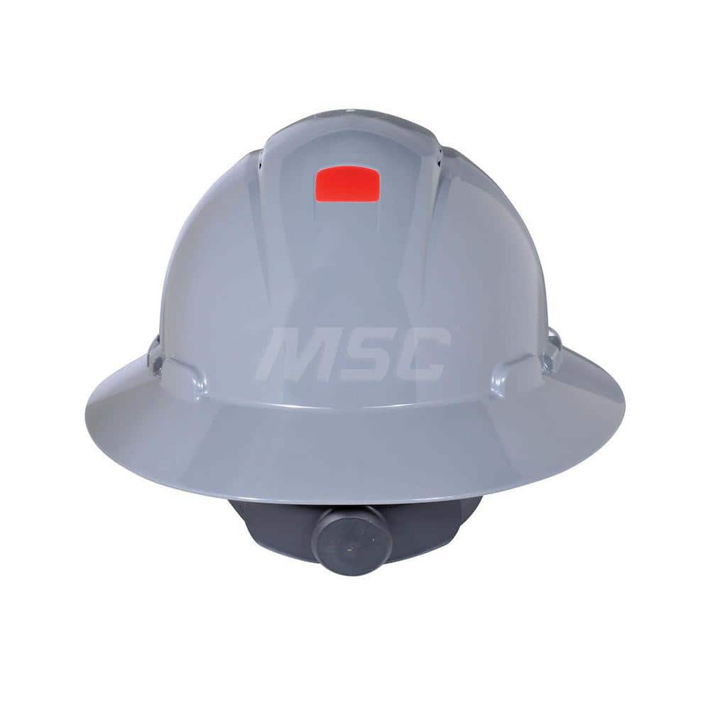 Hard Hat: Construction, High Visibility & Impact Resistant, Full Brim, Type 1, Class C, 4-Point Suspension Gray, High Density Polyethylene, Vented