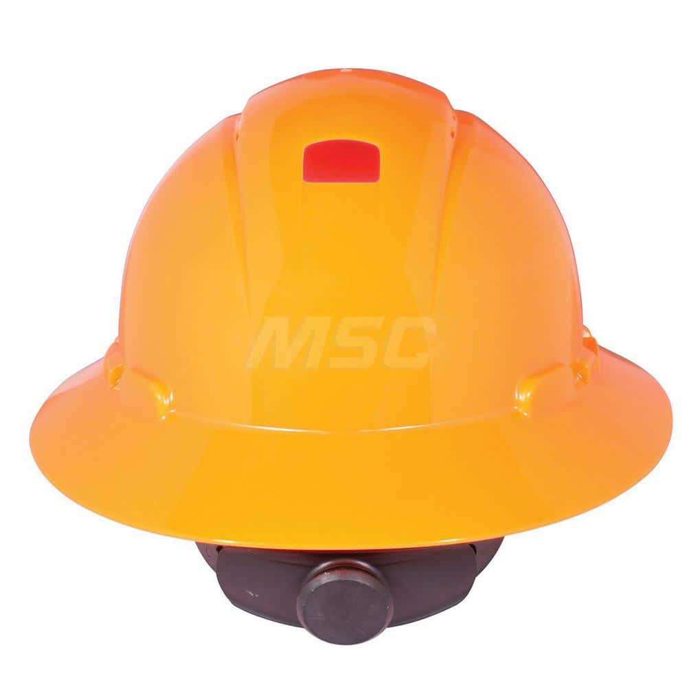 Hard Hat: Construction, High Visibility & Impact Resistant, Full Brim, Type 1, Class C, 4-Point Suspension Orange, HDPE, Vented