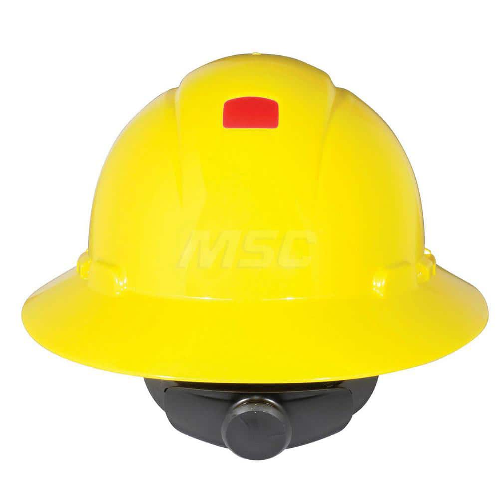 Hard Hat: Construction, High Visibility & Impact Resistant, Full Brim, Type 1, Class C, 4-Point Suspension Yellow, HDPE Vented
