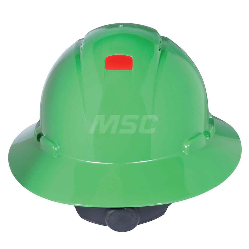 Hard Hat: Construction, High Visibility & Impact Resistant, Full Brim, Type 1, Class C, 4-Point Suspension Green, HDPE, Vented