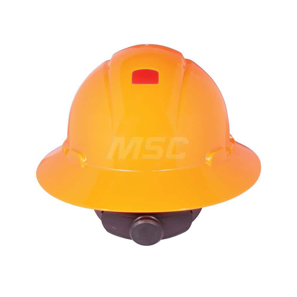 Hard Hat: Construction, High Visibility & Impact Resistant, Full Brim, Type 1, Class C, 4-Point Suspension Orange, Plastic, Vented
