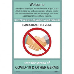 NMC - "COVID 19 - Welcome - Handshake Free Zone", 12" Wide x 18" High, Vinyl Safety Sign - Exact Industrial Supply