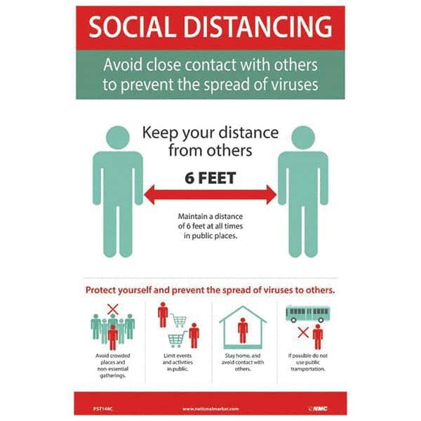 NMC - "COVID 19 - Social Distancing - Avoid Close Contact with Others to Prevent the Spread of Viruses", 12" Wide x 18" High, Vinyl Safety Sign - Exact Industrial Supply