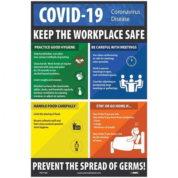 NMC - "COVID 19 - Keep the Workplace Safe", 12" Wide x 18" High, Vinyl Safety Sign - Exact Industrial Supply