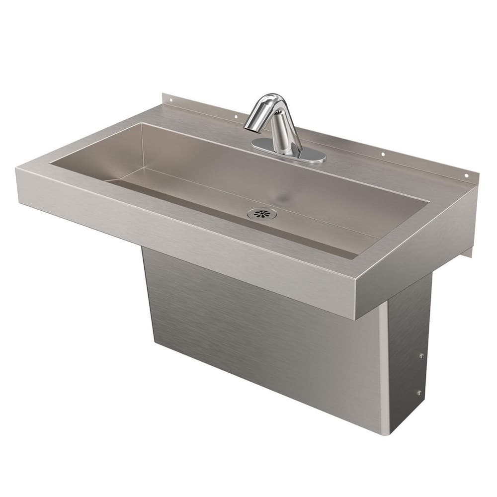 Sinks; Type: Trough; Outside Length: 30 in; Outside Length: 30 in; Mounting Location: Wall; Outside Width: 17.000; Number Of Bowls: 1; Outside Height: 5 in; Material: Type 304 Stainless Steel; Faucet Included: Yes; Faucet Type: H&C Wristblade Gooseneck; V