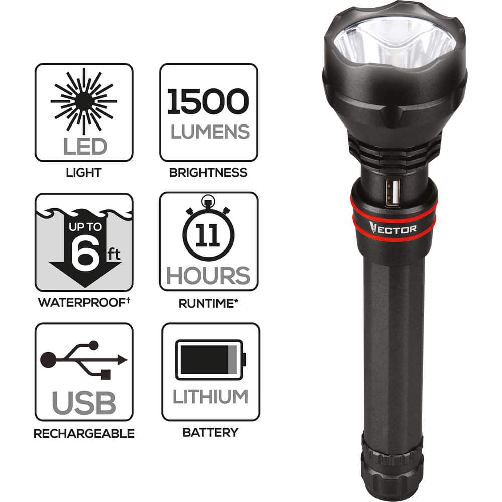 Handheld Flashlight: LED, 1,500 Lumens 3 Light Modes, Black