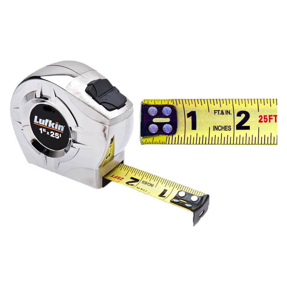 Tape Measure: 25' Long, 5″ Width, Yellow Blade 0.0625″ Graduation