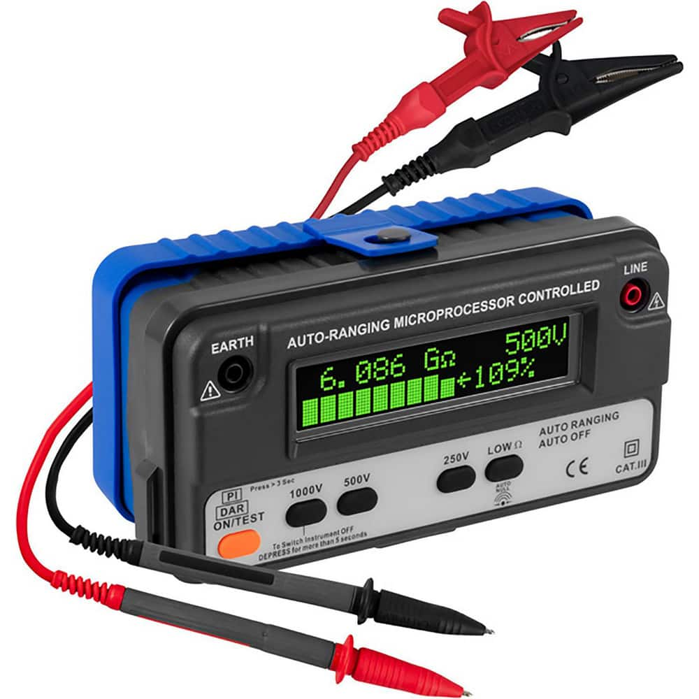 Electrical Insulation Resistance Testers & Megohmmeters; Display Type: OLED; Power Supply: Battery Operated Megohmmeters; Resistance Capacity (Megohm): 10000; Maximum Test Voltage: 1000 V; Amperage: 1.1000; Overall Length: 6.90; Overall Height: 3.3 in; Ov