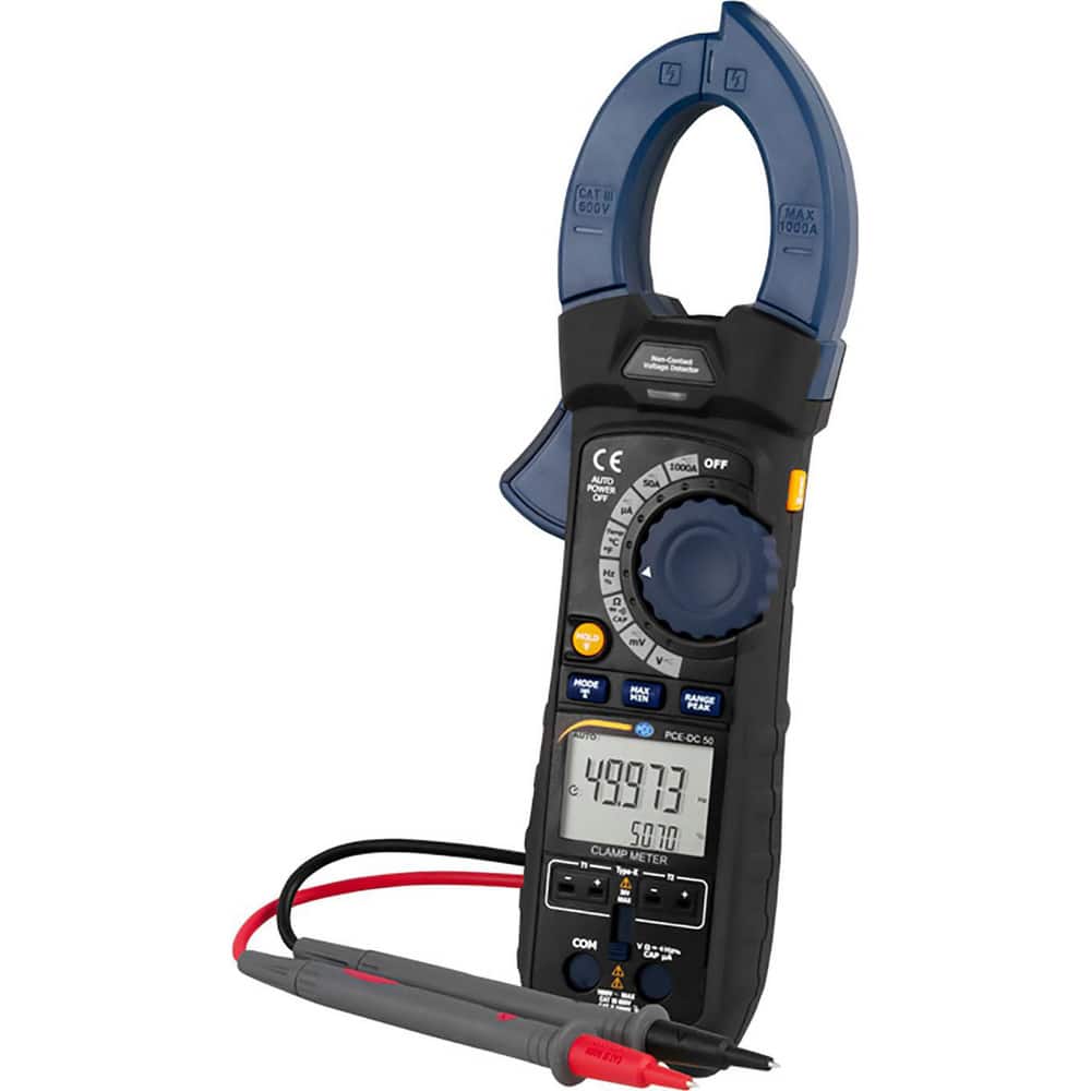 Compact Manual Ranging & Voltage Clamp Meter: CAT I CAT II & CAT III, 1.9″ Jaw, C-Clamp & Curved Jaw 600 VAC/VDC, 1,000 A, 50 Max Ohms, Measures Amps, Capacitance, Continuity, Current, Duty Cycle, Frequency, microAmps, Milliamps, Resistance, Temperature &
