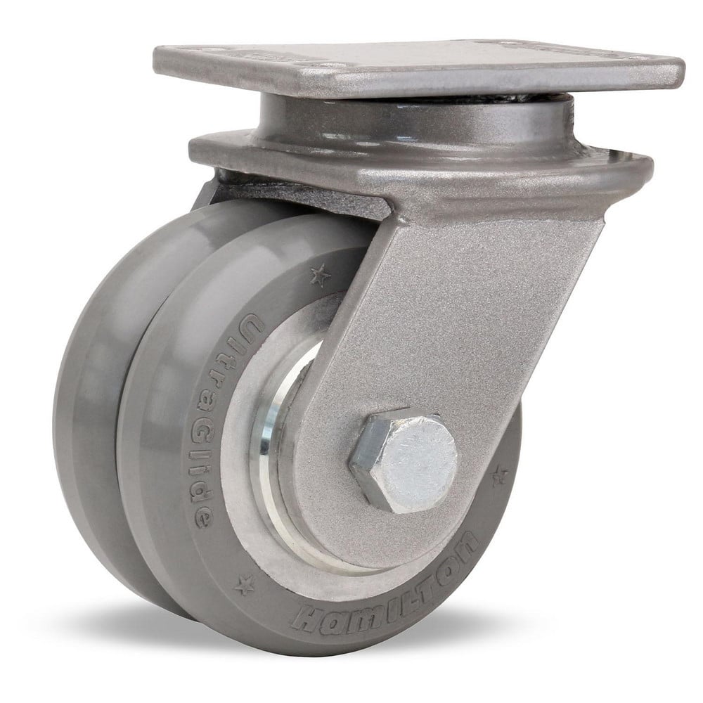 Swivel Top Plate Caster: Polyurethane on Aluminum, 3-1/2″ Wheel Dia, 3″ Wheel Width, 750 lb Capacity, 4-11/16″ OAH 3.625″ Plate Length, 2.5″ Plate Width, Non-Marking