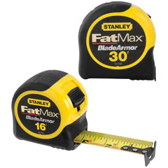 Tape Measure: 30' Long, 1-1/4″ Width, Yellow Blade 1/16″ Graduation, Inch Graduation, Black & Yellow Case