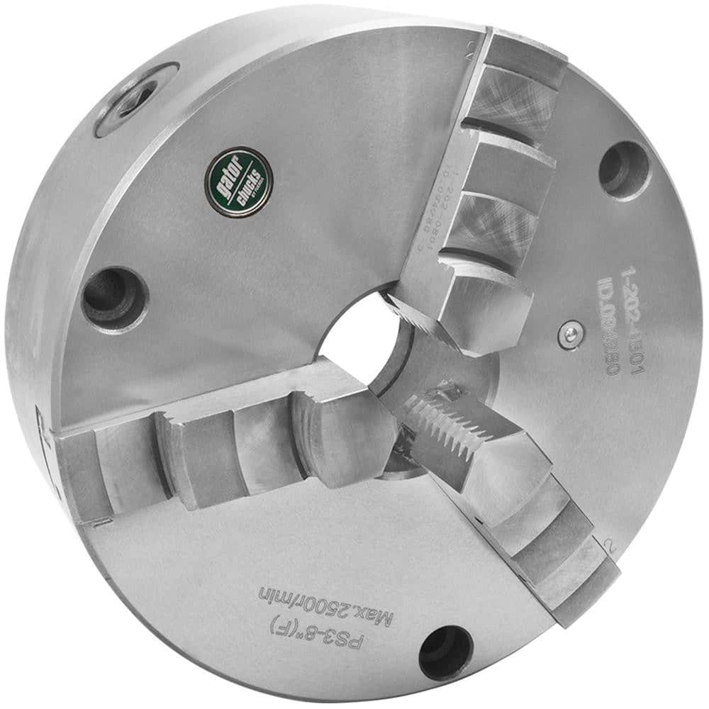 Self-Centering Manual Lathe Chuck: 3-Jaw,  4″ Dia Hard & Solid Jaws, Front Mount, 5,200 Max RPM