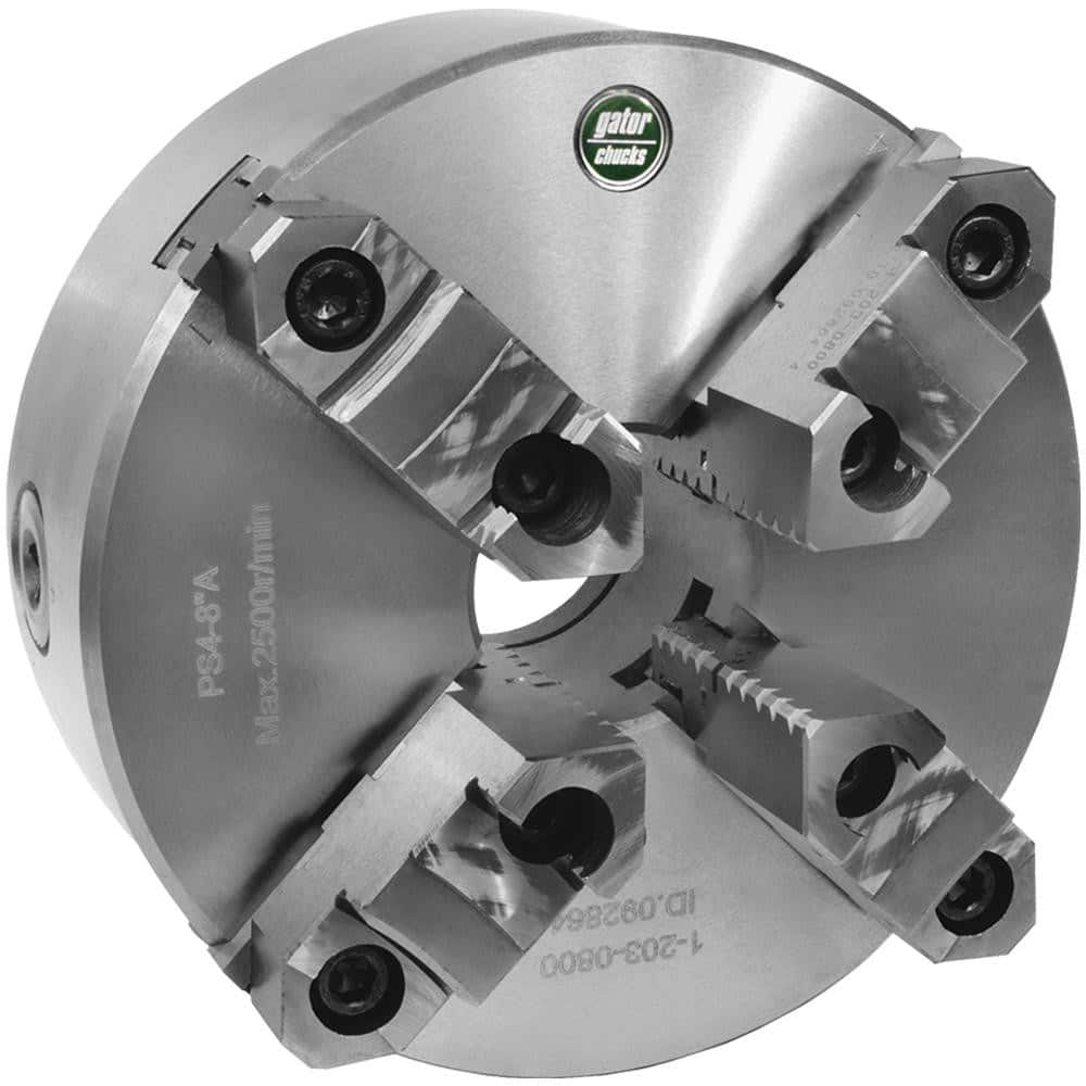 Self-Centering Manual Lathe Chuck: 4-Jaw,  8″ Dia Two-Piece Jaws, Plain Back Mount, 2,500 Max RPM