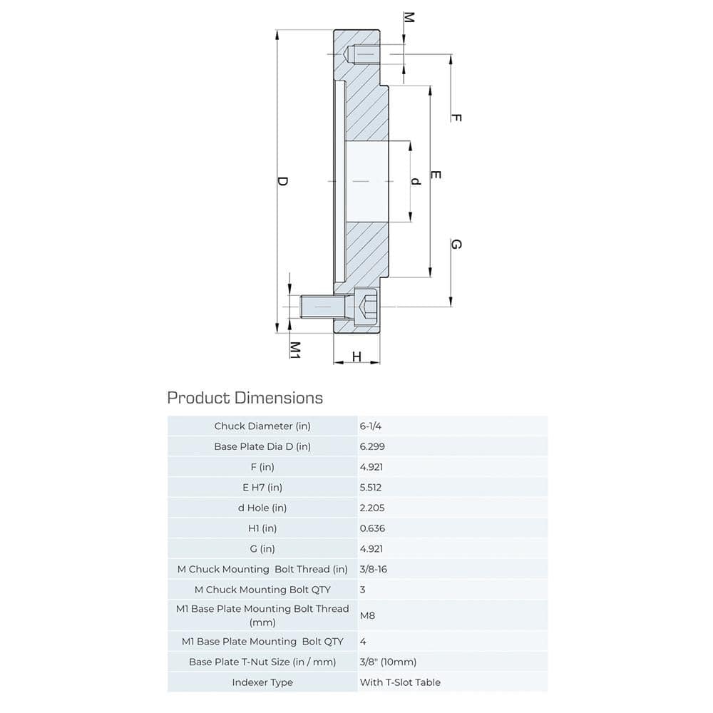 Lathe Chuck Adapter Back Plates; Nominal Chuck Size: 6 in; Mount Type: Slotted Table; Spindle Nose Type: Slotted Table; Chuck Compatibility: 1-202-0601; 1-105-0601; 1-201-0601; 1-203-0601; Through-hole Diameter: 1.85 in; Chuck Diameter Compatibility: 6 in