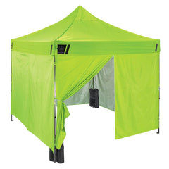 Shelters; Type: Canopy; Width (Feet): 10; Overall Length: 10.00; Center Height: 14 ft; Side Height: 10 ft; Frame Color: Silver; Covering Finish: Polyurethane-Coated; Number Of Doors: 1.000; Number Of Sides: 4; Color: Lime Green; Frame Material: Steel; Inc